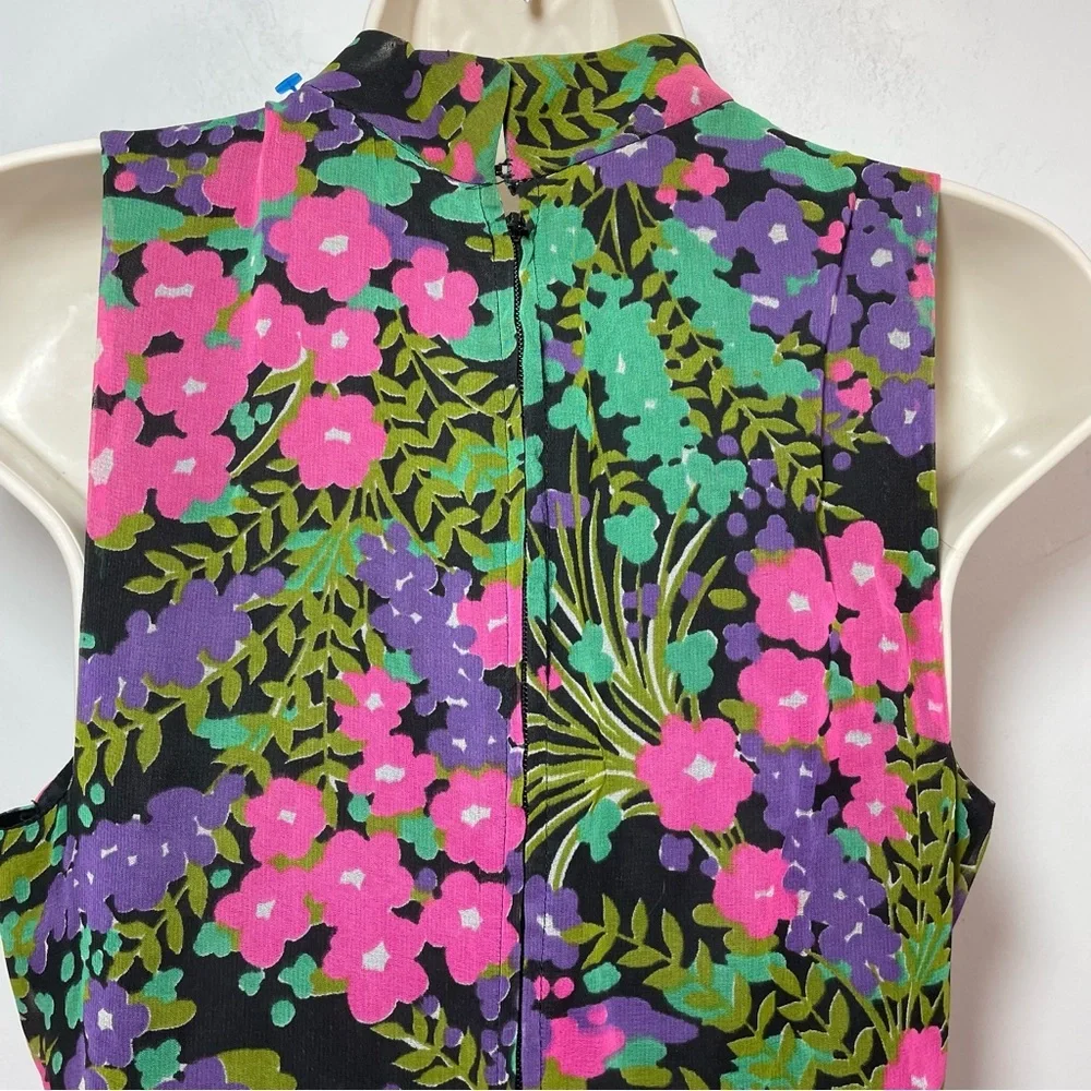 Vintage 60s Jumpsuit Dark Floral Wide Leg Cocktail Evening Size S/XS Sleeveless - Picture 6 of 10